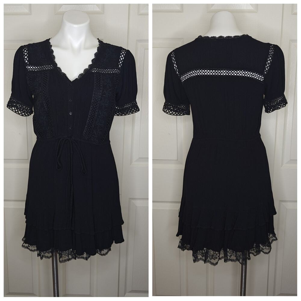 En Creme black crochet inset short sleeve mini dress XS